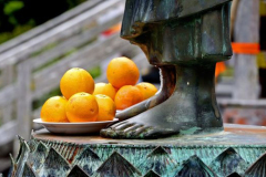Offerings at the feet of the Buddha.