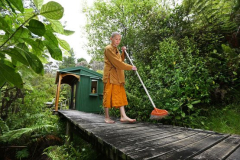 Venerable Thitavijjo sweeping his walking meditation path.