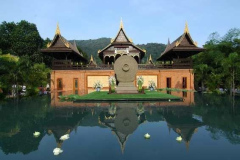 The view across the pond to the new sala at Wat PahAmpawan.