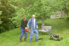 Craig and Drew working hard tidying up the grounds ready for Kathina. The new mower shines.