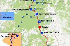 A segment of the North Island (inset) shows the extent of the river. Camps along the way are marked as blue squares.