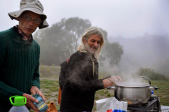 Breakfast in the early morning mist at Ohinepane. A big pot of porridge to start the day.