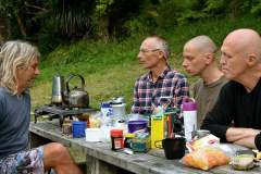 Evening tea at Mangapapa. After a hard days paddling energy is not at peak. A quiet and settled affair.