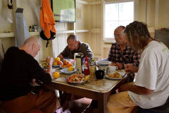 Piles of pasta and various bits fuel the river crew staying Downes hut.