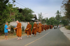 On alms round in Bung Wai the village adjacent to Wat Pah Nanachat.
