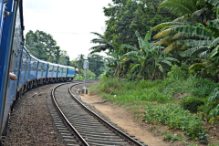The train slowly climbs through lush countryside.