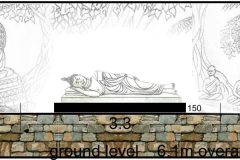 A schematic of the stupa "West Side" showing the reclining rupa (white marble) and darker base (not decided yet) with the terracotta tile mural behind. There will be a floating roof over.
