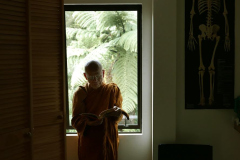 Venerable Kusalacitto quietly reading in the monks dana sala kitchen.