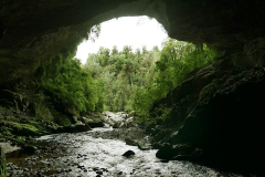 Sth. Is.: River and limestone arch. Venerable Thanavaro just visible lower-center gives some sense of scale to this massive tunnel.