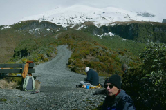 Lunch at base camp. Mt. Taranaki in the distance.