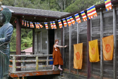 An intrepid Ajahn Hasapannyo setting flags in front of the cloister.