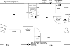 A plan sketch of Ajahn Kusalos new kuti layout - roughly divided into two areas; sitting room and bedroom.