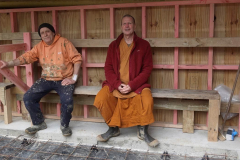 The monks vihara basement is slowly taking shape. The seats are for the concrete pumping guys to stand on - being tested here by Ajahn Kusalo and Bruce.