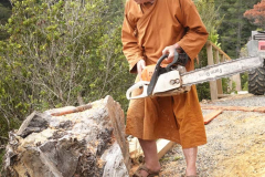 Ajahn Kusalo working on setting a post into the stump beside the quad track to hang a gate on.
