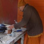 Firing an alms bowl - both to remove the decaying lacquer and give a uniform finish.