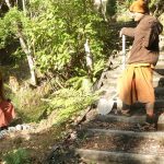 Venerables Appamado and Dhammavasa working on a memorial tree site.