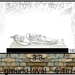 A schematic of the stupa "West Side" showing the reclining rupa (white marble) and darker base (not decided yet) with the terracotta tile mural behind. There will be a floating roof over.