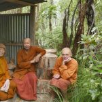 Venerables Kusalacitto Apiwat & Sambodhi take a break from carrying pine log-rounds from the forest to the woodshed.