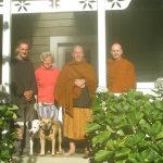 Old friends of Ajahn Kusalo. Al has managed the farm for decades. Pauline was visiting for a few days. The dogs were waiting for pigs. The monks had not long had tea.