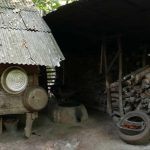 The kitchen and wood shed.