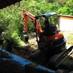 Terry in the digger widening the track which runs alongside the stream to by-pass the Chao Khun kuti. There has been quite a bit of landscaping around the new loo.