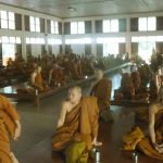 Monks gathering for evening tea at Wat Pah Pong.
