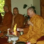 The Sangha chants "Anicca vata sankhara..." while the names of departed loved ones are burnt. May they realise nibbana.