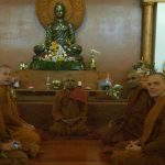 Bhante Sugatavamsa (center) and Jinalankara visit Bodhinyanarama to formally determine their Kathina robe.