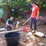 John assisted by Finn (student on work placement) set the foundation posts for the first kuti.