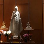 A soft light falls across the dana sala shrine. Buddha rupas from three cultures.