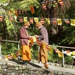Venerables Thanavaro and Phasako sorting Vesak flags.