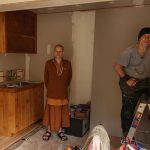 The limited-mobility kuti in the vihara takes shape. Bruce is working on the frame for a lovely lead light window.