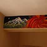 Some people may remember the beam mural done by Venerable Thanavaro in the monks library? - back in 1990? It has been extended by Bruce. The join gives you a sense of the extra space gained by the alteration.