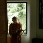 Venerable Kusalacitto quietly reading in the monks dana sala kitchen.