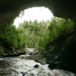 Sth. Is.: River and limestone arch. Venerable Thanavaro just visible lower-center gives some sense of scale to this massive tunnel.