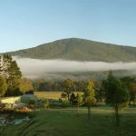 A warm morning sun lifts mist from the valley floor. This view from the main sala with the workshop left and dana sala out of view to right.