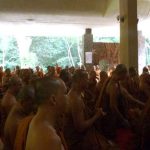 About half of the monks gathered in the assembly hall to mark Ajahn Chahs birthday. There were many hundreds more monks outside as well as a large crowd of lay people. Very inspiring.