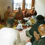 The Sangha (more around the corner) chanting blessings on the occasion of the opening of the new Dhammagavesi property in Wainuiomata. Much joy and happiness.